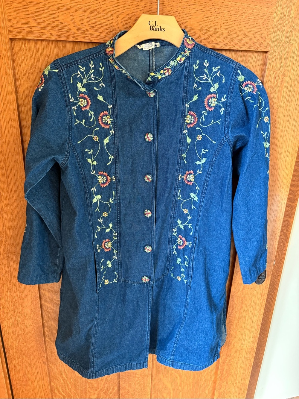 Vintage April Cornell Denim Tunic Smock Blouse M Blue Denim Long Sleeve 22” P2P